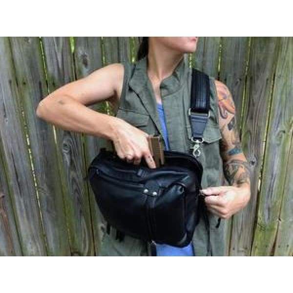 GTM Original RFID Lined Black Leather Concealed Carry Sling Bag - NEW - Hiding Hilda, LLC