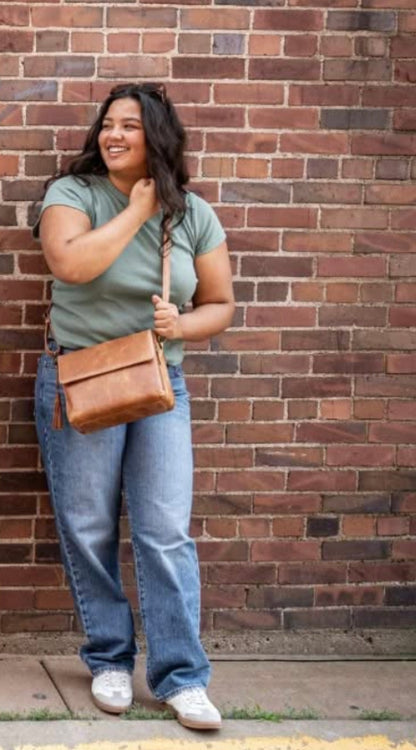 GTM Original Distressed Caramel Buffalo Leather Crossbody w/built in wallet