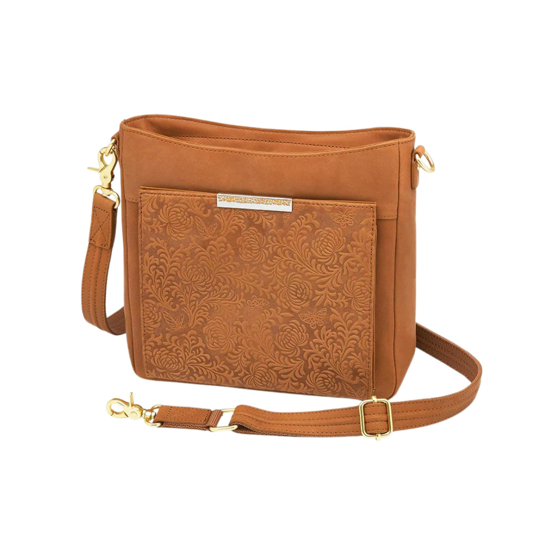★dumaro★ Ditto Crossbody Suede Camel GTM Slim Crossbody, Debossed USA Cowhide with Built in