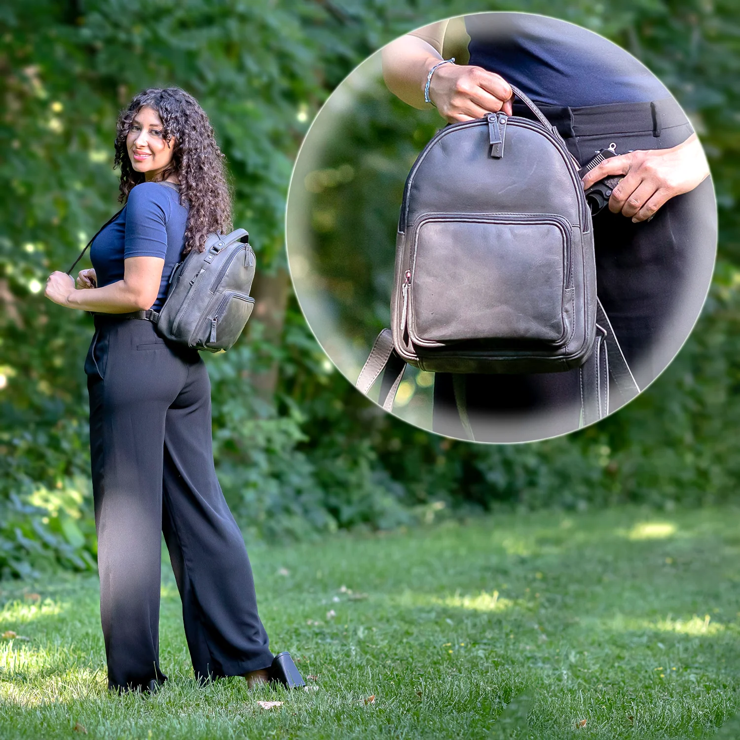 Leather carry top on backpack
