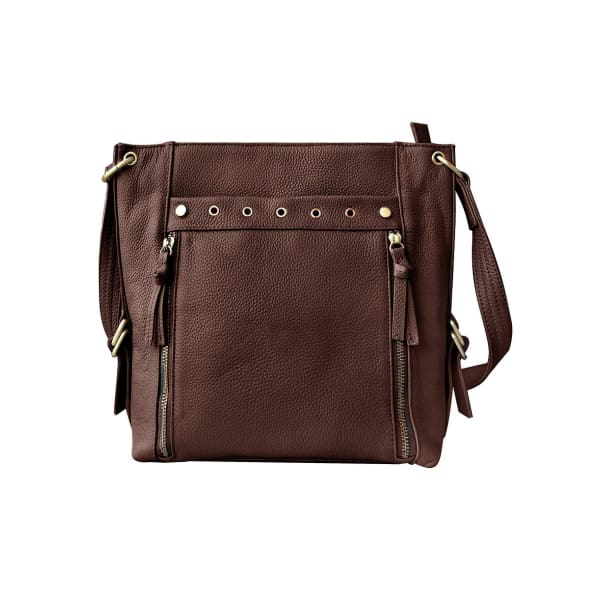 Stylish Leather Concealed Carry Satchel with Adjustable Shoulder Strap & Locking Zippers - Brown - Crossbody